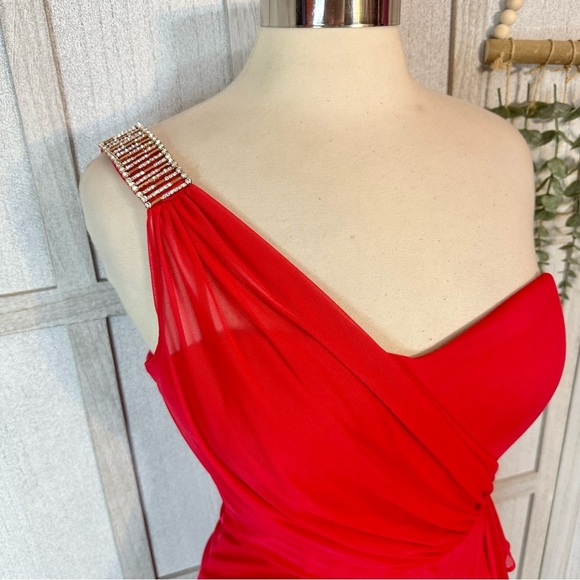 Vintage Cache Mini Cocktail Dress 90s Short Red Rhinestone One Shoulder Size 6 - Picture 2 of 10